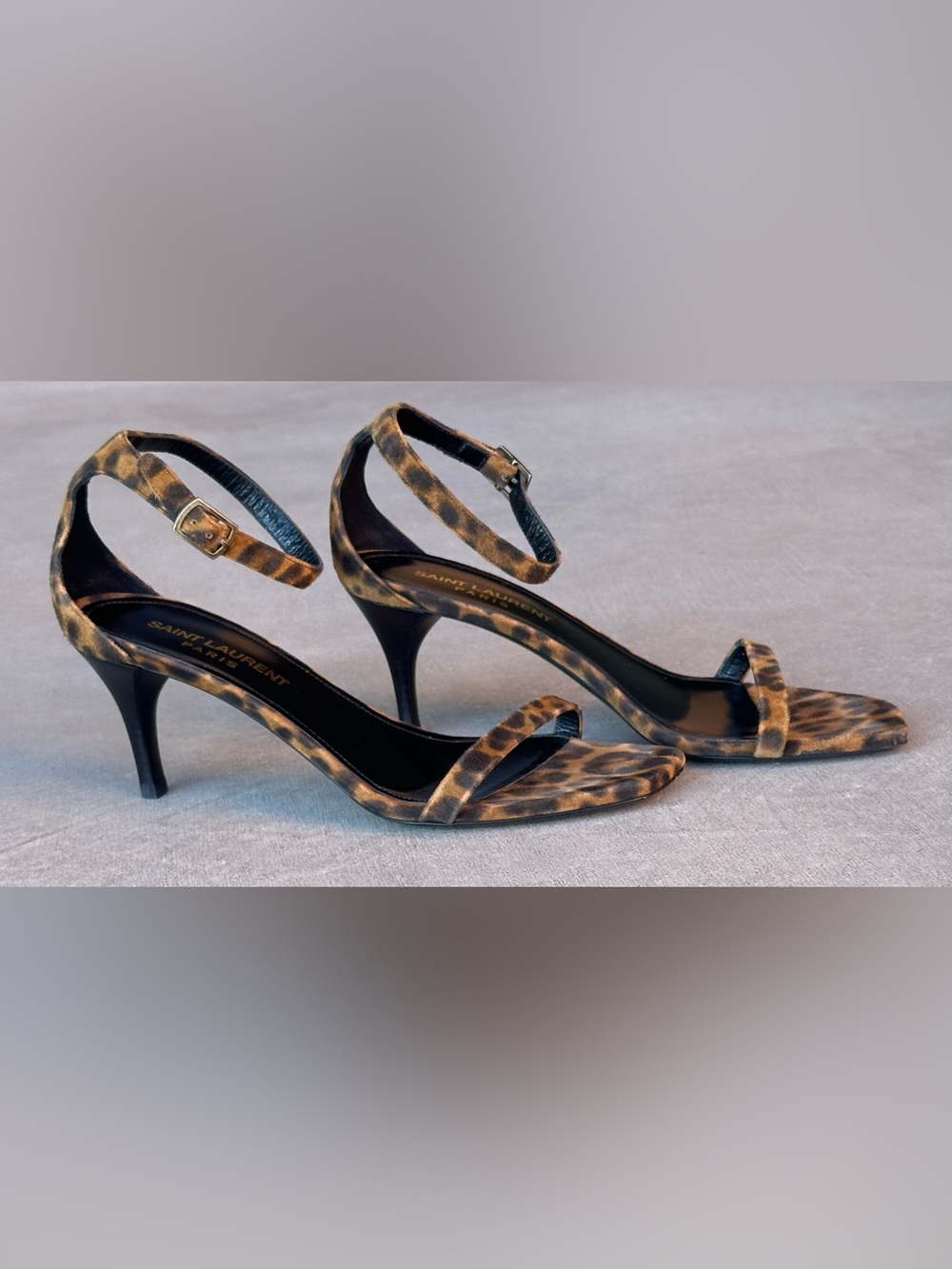 Saint Laurent Amber Leopard Print Suede Ankle Strap Sandals 35 Kitten Heel YSL